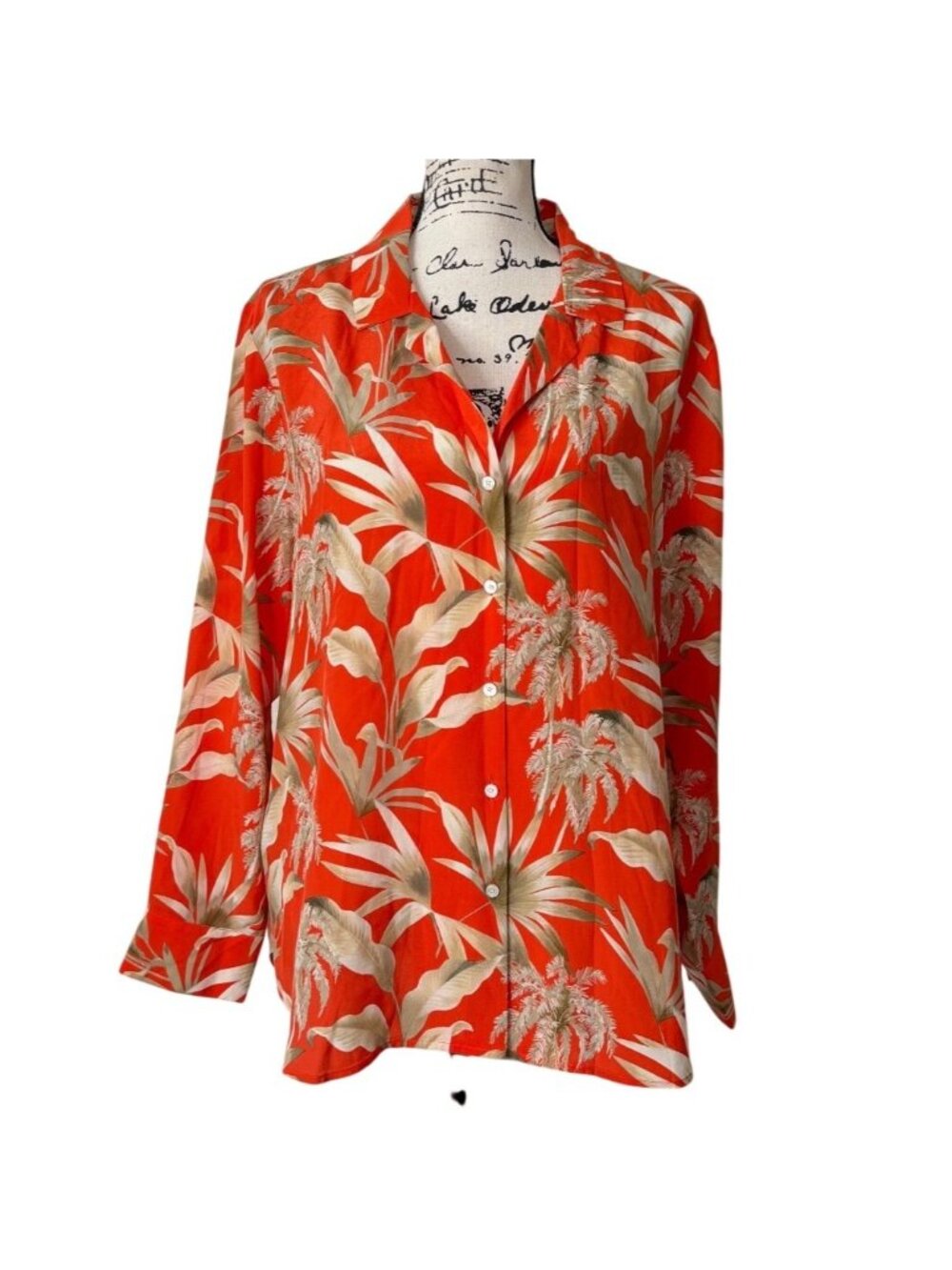 Tommy Bahama Womens Size L Silk Top Button-Up Exotic Tropic Blazing Orange Shirt